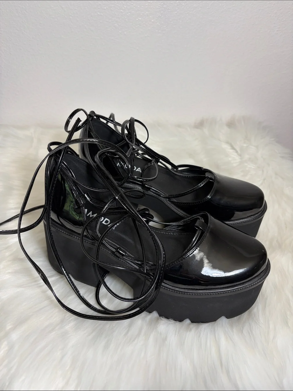 Black Platform Tie Chunky Heel Shoes
